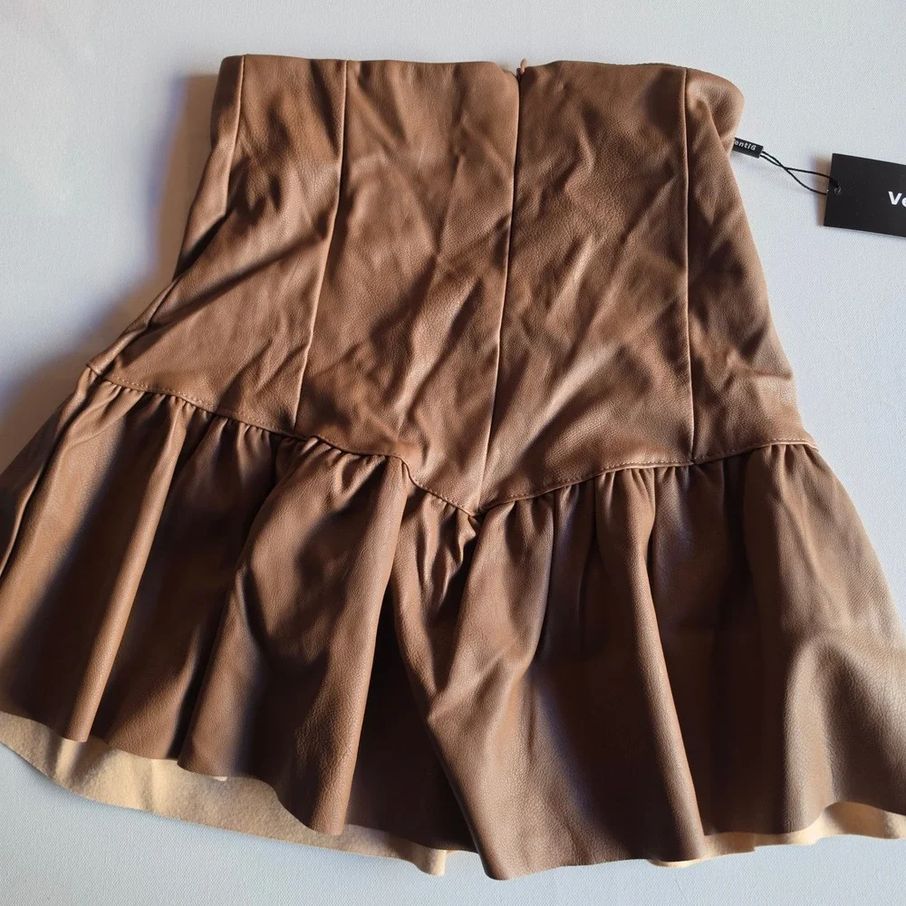 Venti6 Italy Tan Brown Faux Leather Ruffle Mini Skirt G3011 Small NWT